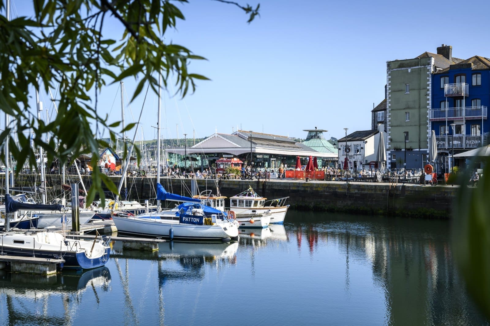 Sailboats docked in a calm harbor with reflections on the water, leafy branches in the foreground, and waterfront buildings with people in the background under a clear, blue sky, while a sleek Bianco sailboat stands out among the rest.