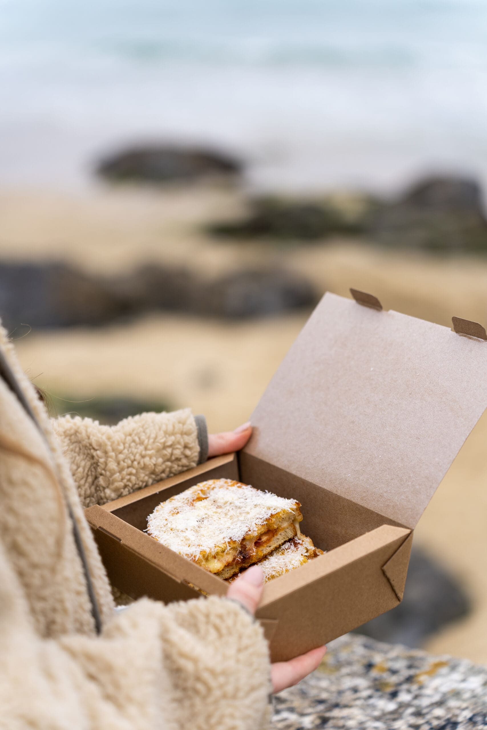 A person in a beige fleece jacket holds an open cardboard box with two slices of cake topped with shredded coconut, near a sandy beach with rocks and ocean in the background.