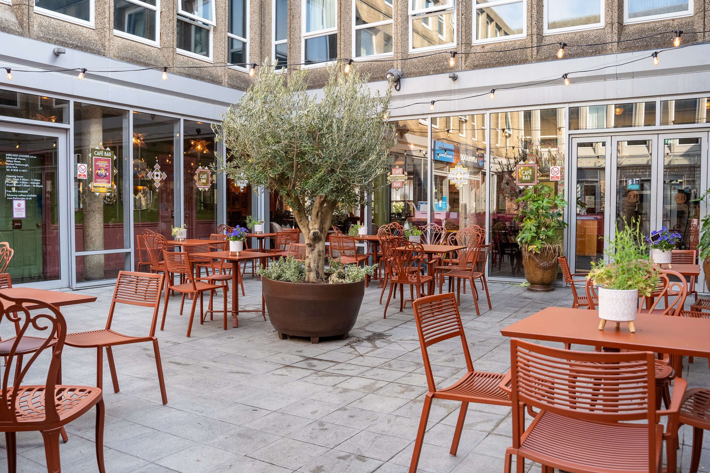 Outdoor patio at Mercado with empty red chairs and tables arranged around a large potted tree, surrounded by glass doors and windows. String lights hang overhead, while potted plants decorate the inviting area.