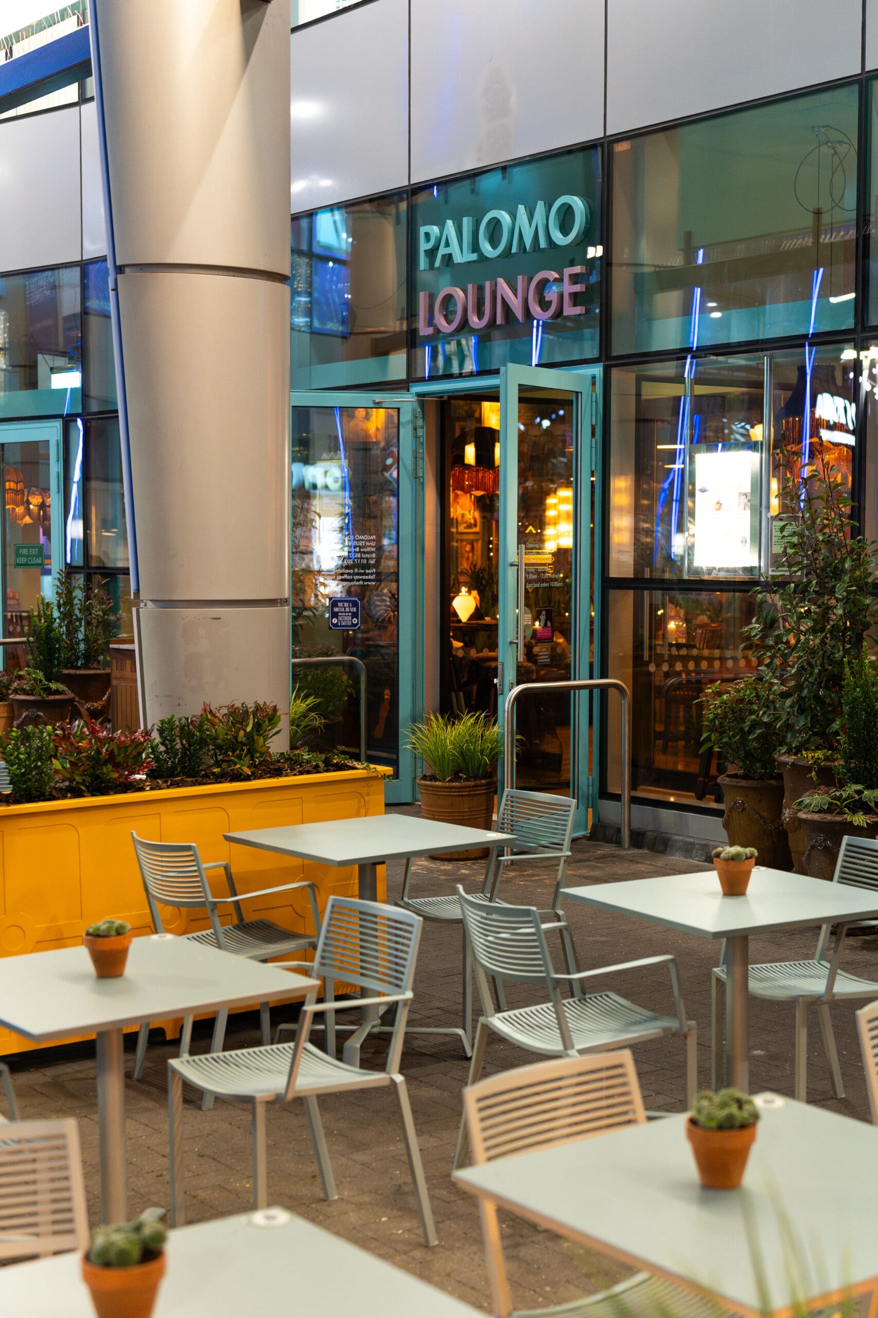 Outdoor seating area with empty tables and chairs in front of a modern building. The entrance to Palomo Lounge is visible, with greenery and warm indoor lighting creating a cozy atmosphere through the glass door.