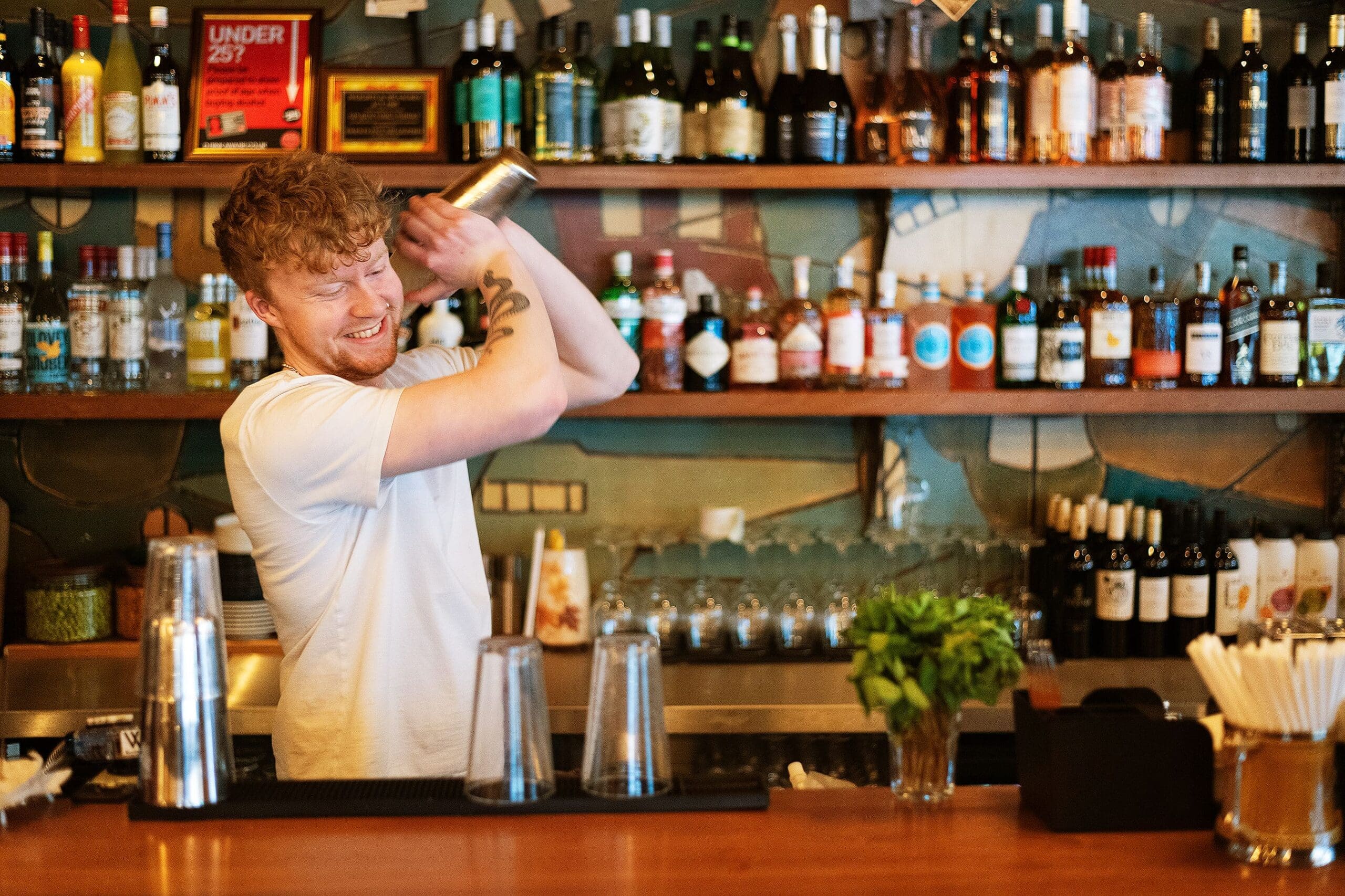 A bartender with curly red hair and a tattoo on his arm shakes a cocktail shaker, standing behind a bar stocked with bottles and glasses. The wooden bar counter is visible in the foreground.